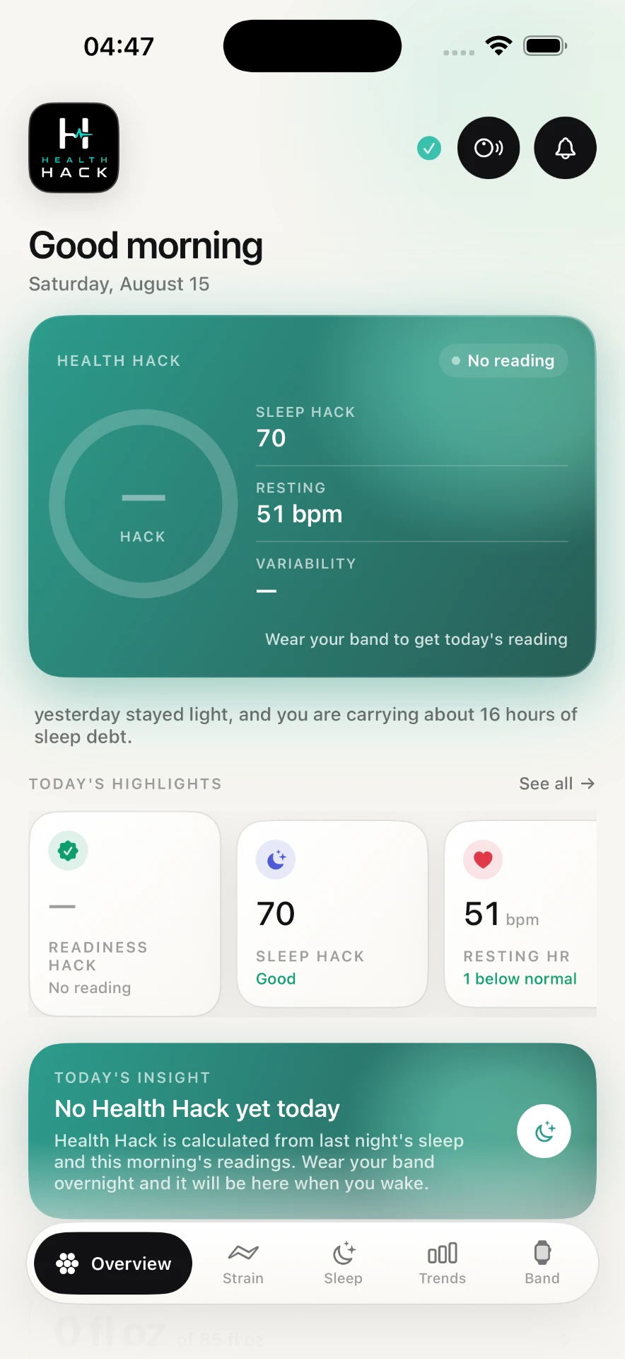 Health Hack app overview screen showing readiness, sleep and resting heart rate
