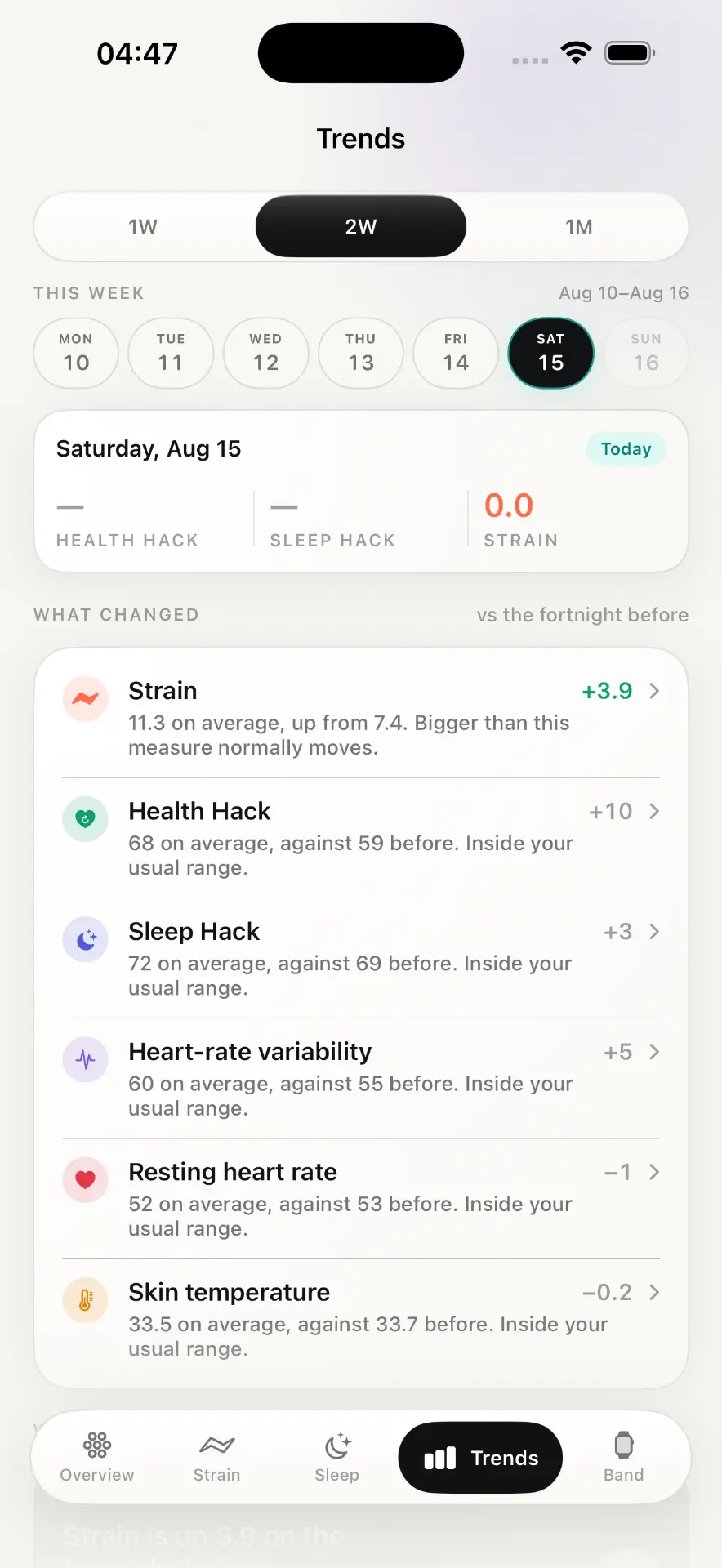 Health Hack app trends screen comparing two weeks of health signals